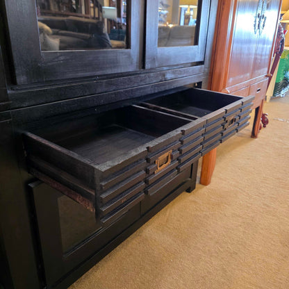 Dark Wood Slatted Drawer and Glass Door Hutch