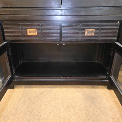 Dark Wood Slatted Drawer and Glass Door Hutch
