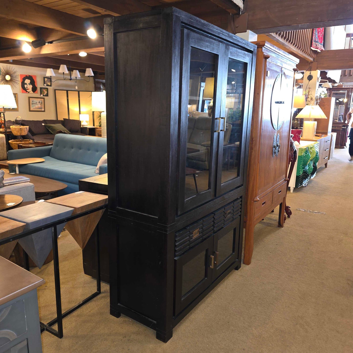 Dark Wood Slatted Drawer and Glass Door Hutch