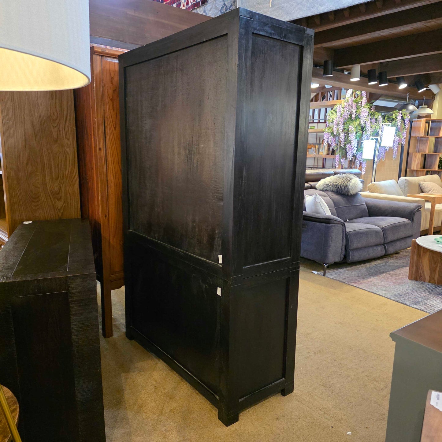 Dark Wood Slatted Drawer and Glass Door Hutch