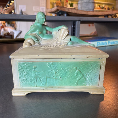 Vintage Art Deco Trinket Box with Nude Figure and Sports Scenes on Sides AS IS UNIQUE FINDS