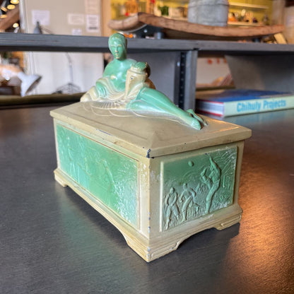 Vintage Art Deco Trinket Box with Nude Figure and Sports Scenes on Sides AS IS UNIQUE FINDS