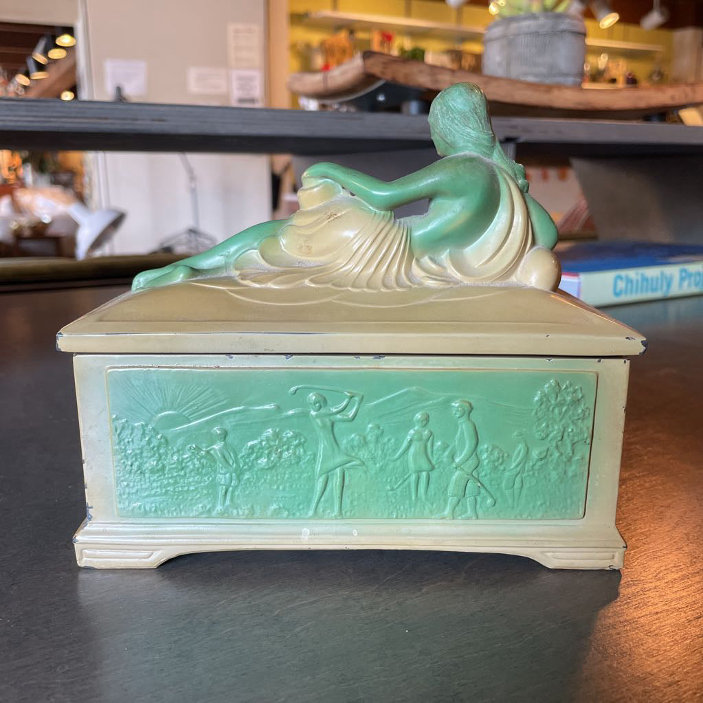 Vintage Art Deco Trinket Box with Nude Figure and Sports Scenes on Sides AS IS UNIQUE FINDS