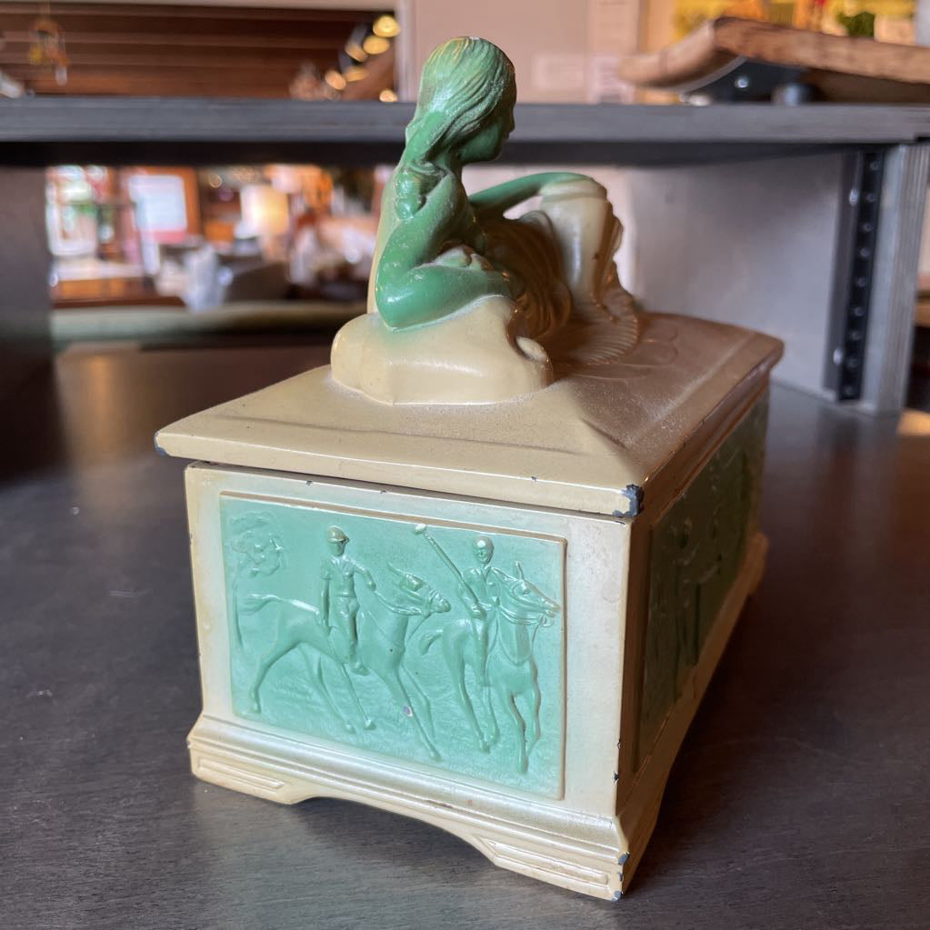 Vintage Art Deco Trinket Box with Nude Figure and Sports Scenes on Sides AS IS UNIQUE FINDS