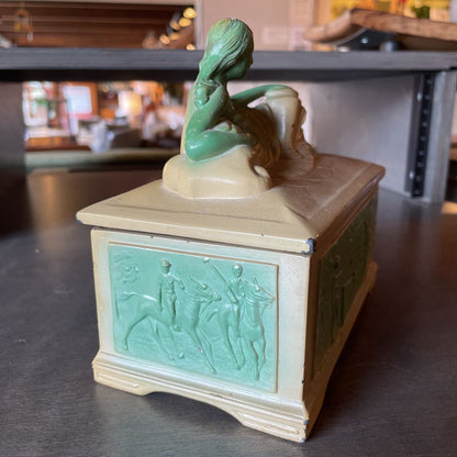 Vintage Art Deco Trinket Box with Nude Figure and Sports Scenes on Sides AS IS UNIQUE FINDS