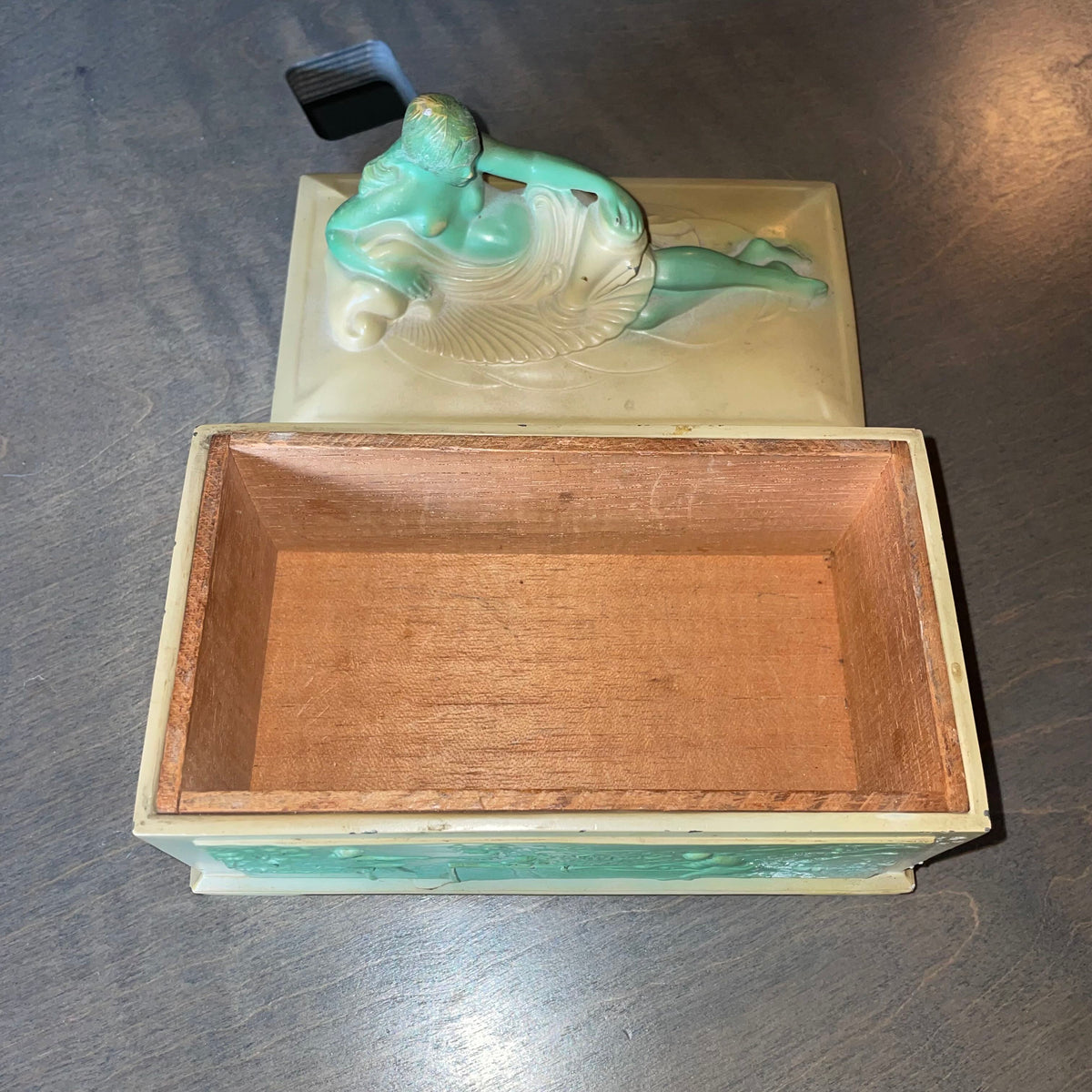 Vintage Art Deco Trinket Box with Nude Figure and Sports Scenes on Sides AS IS UNIQUE FINDS