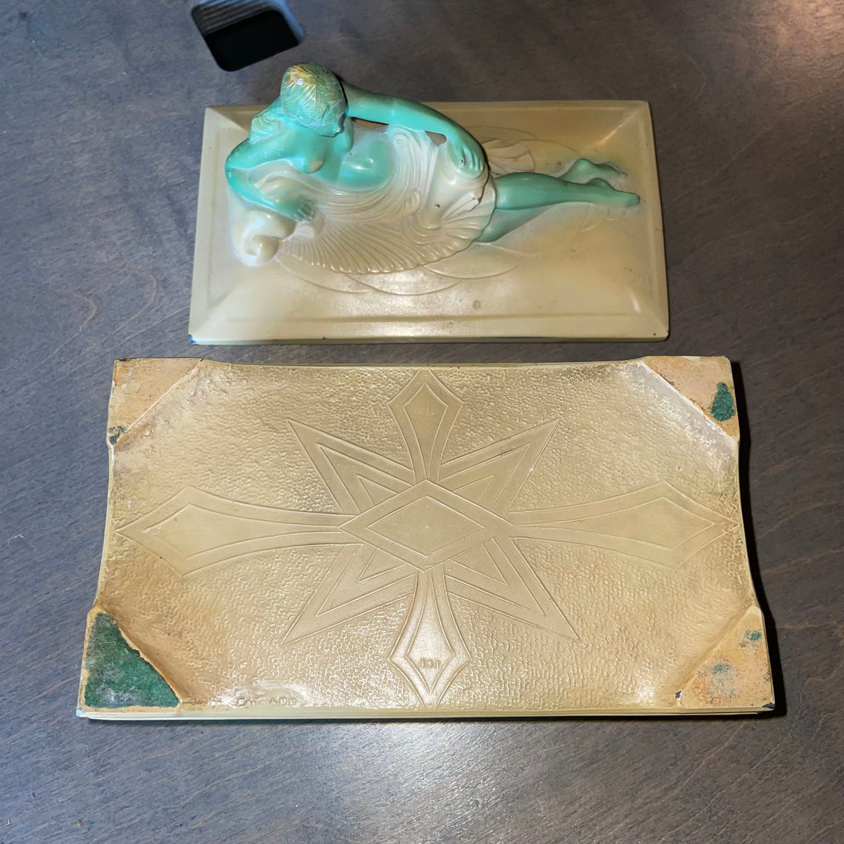 Vintage Art Deco Trinket Box with Nude Figure and Sports Scenes on Sides AS IS UNIQUE FINDS
