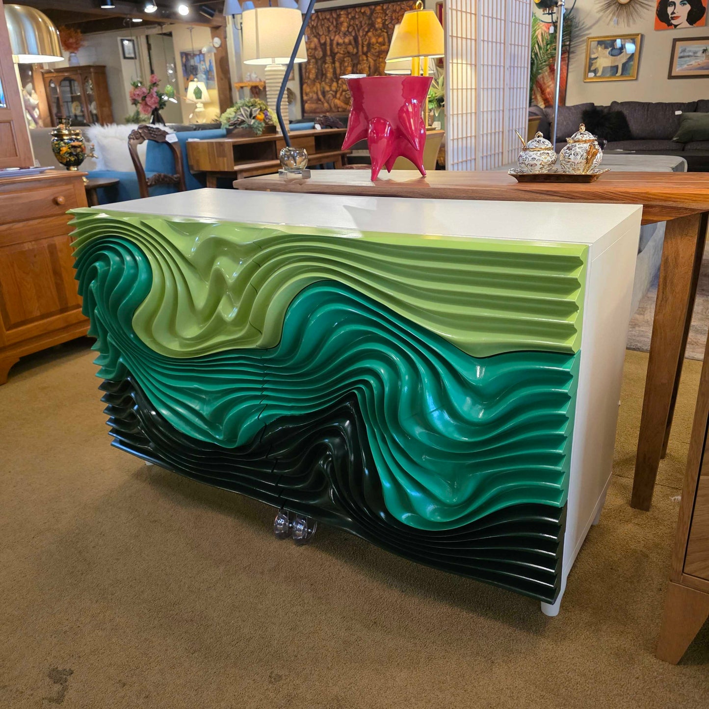 Wavy Custom Made Sculptural Green 2 Drawer Cabinet