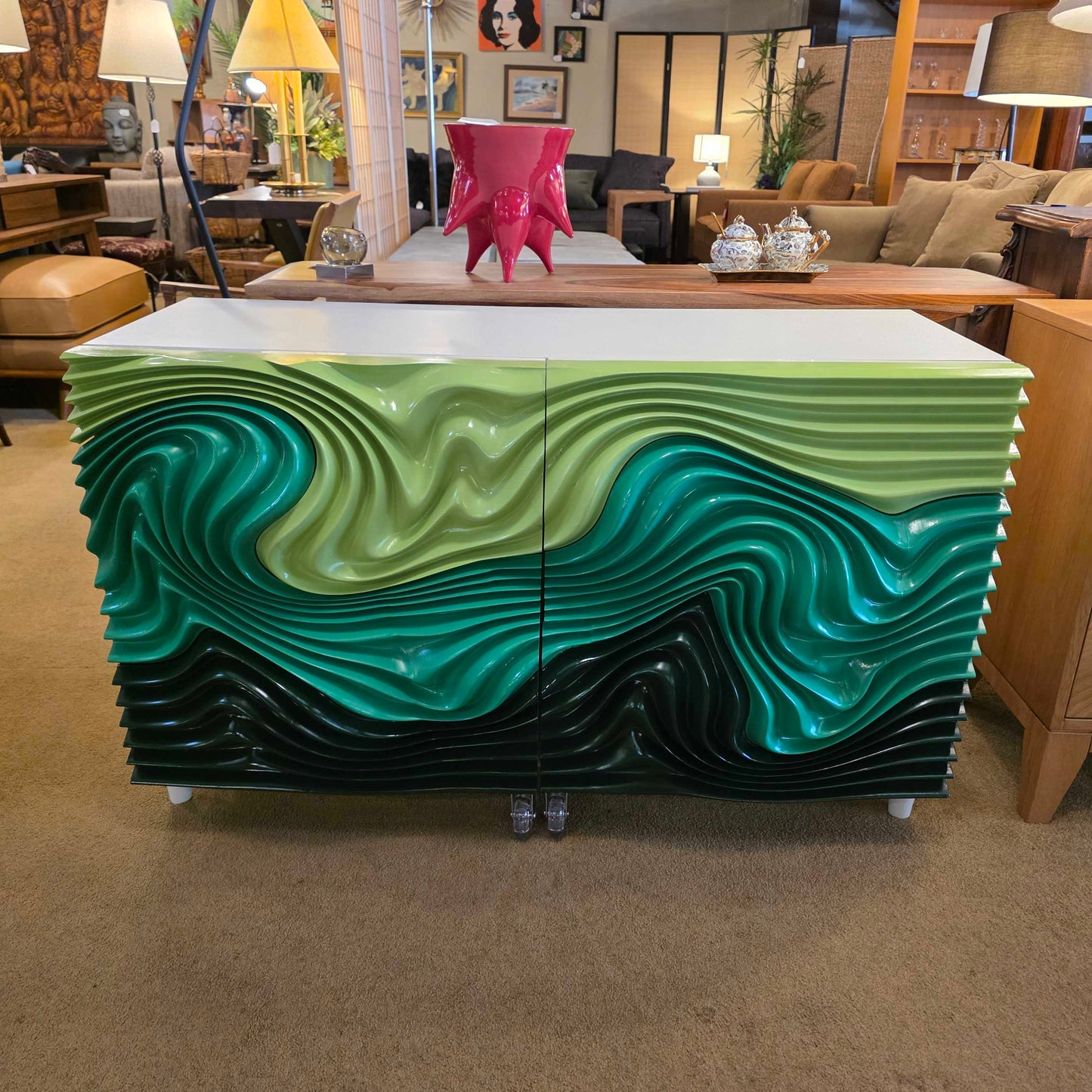 Wavy Custom Made Sculptural Green 2 Drawer Cabinet