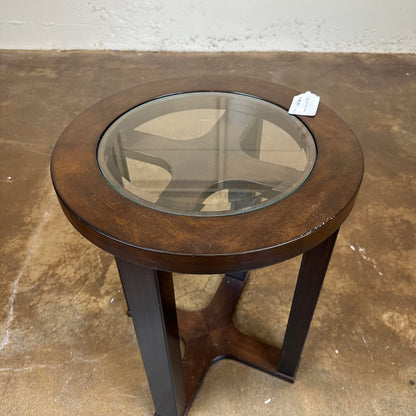 Round Wood Glass Top Side Table