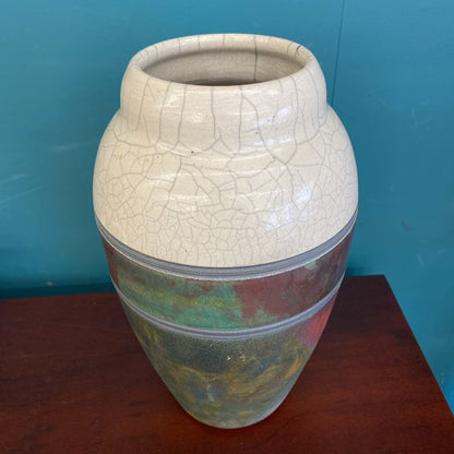 Signed Raku Pottery Vase w/White Crackle Glaze Top