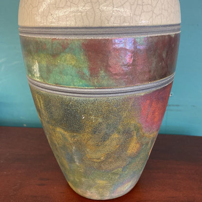Signed Raku Pottery Vase w/White Crackle Glaze Top