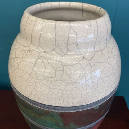 Signed Raku Pottery Vase w/White Crackle Glaze Top