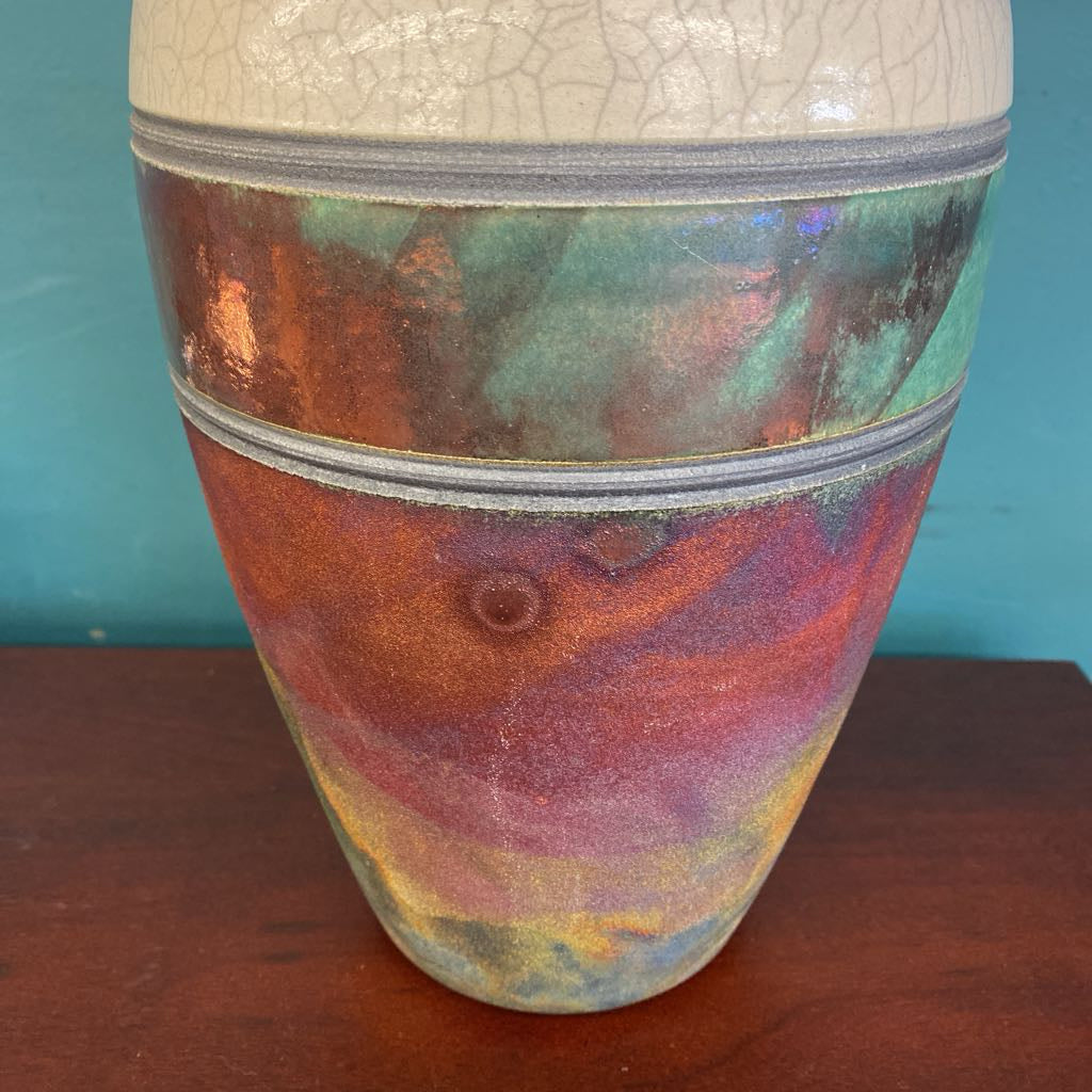 Signed Raku Pottery Vase w/White Crackle Glaze Top