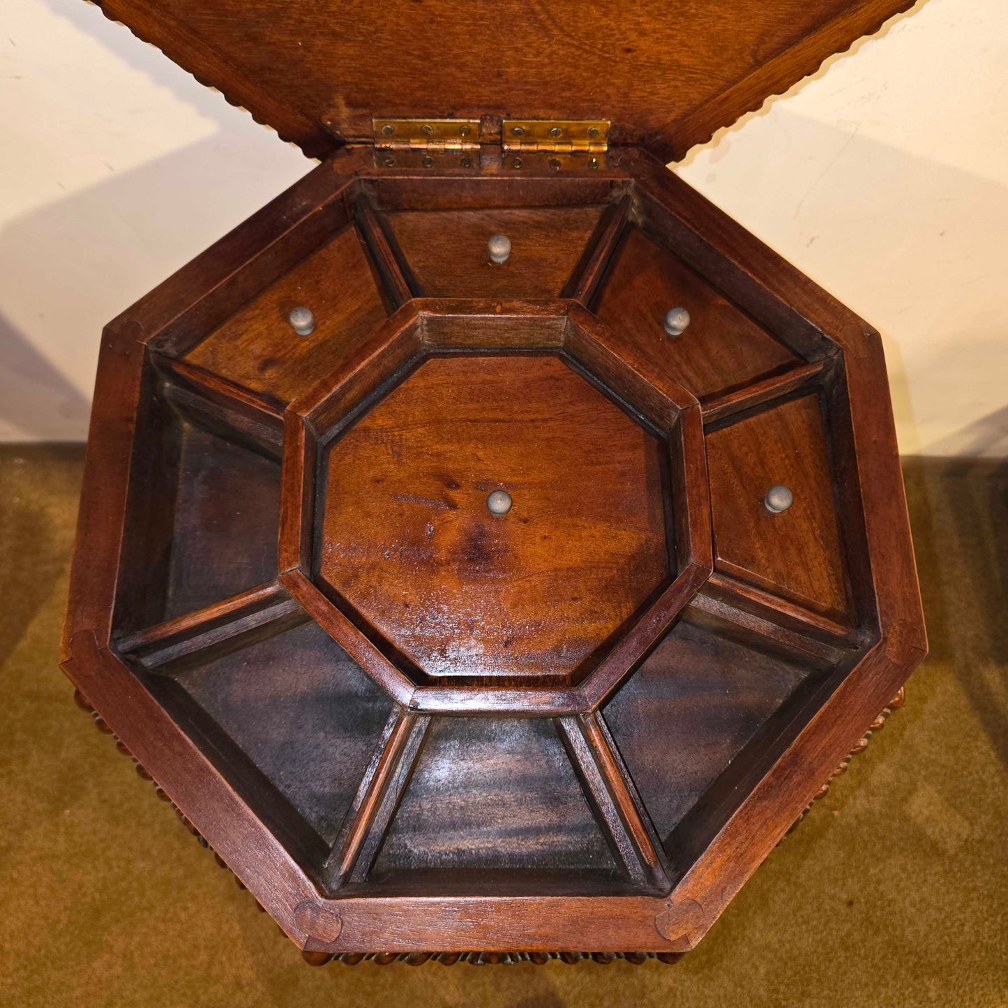Ornate Carved Wood Octagon End Table w/ Storage