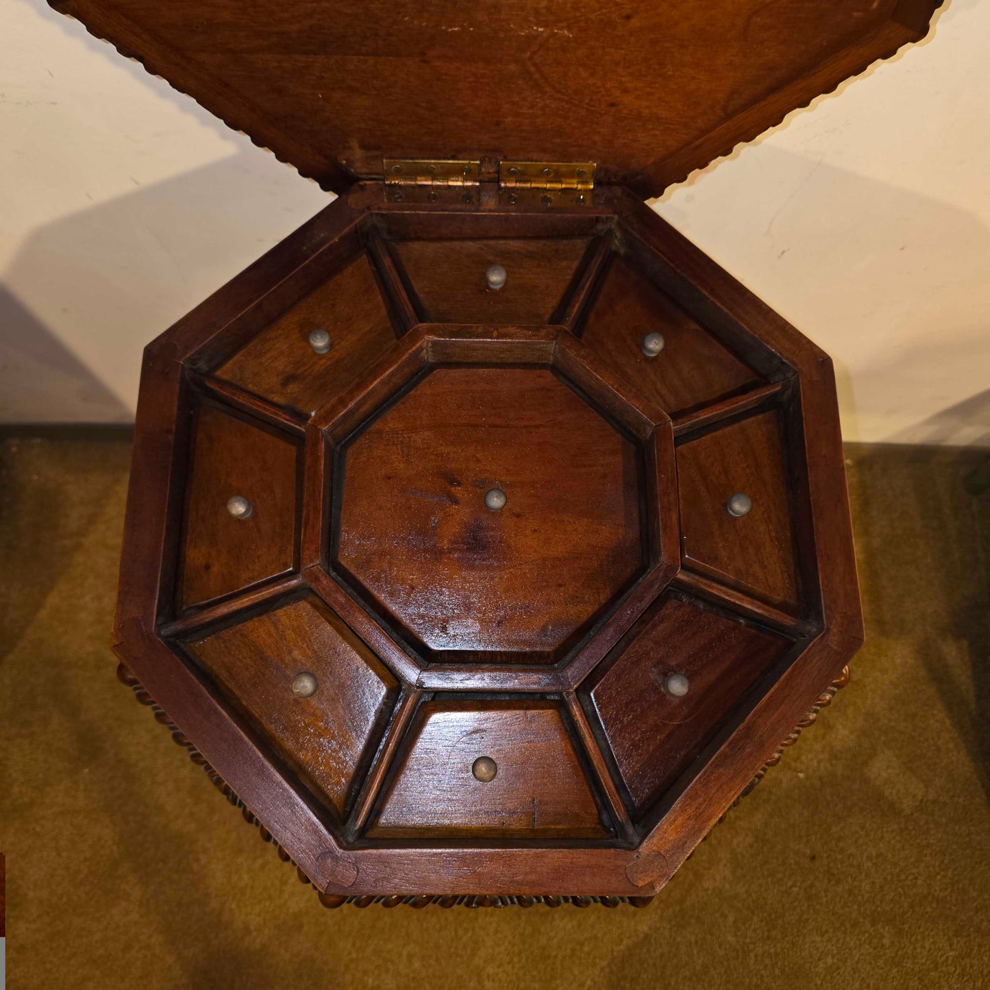 Ornate Carved Wood Octagon End Table w/ Storage