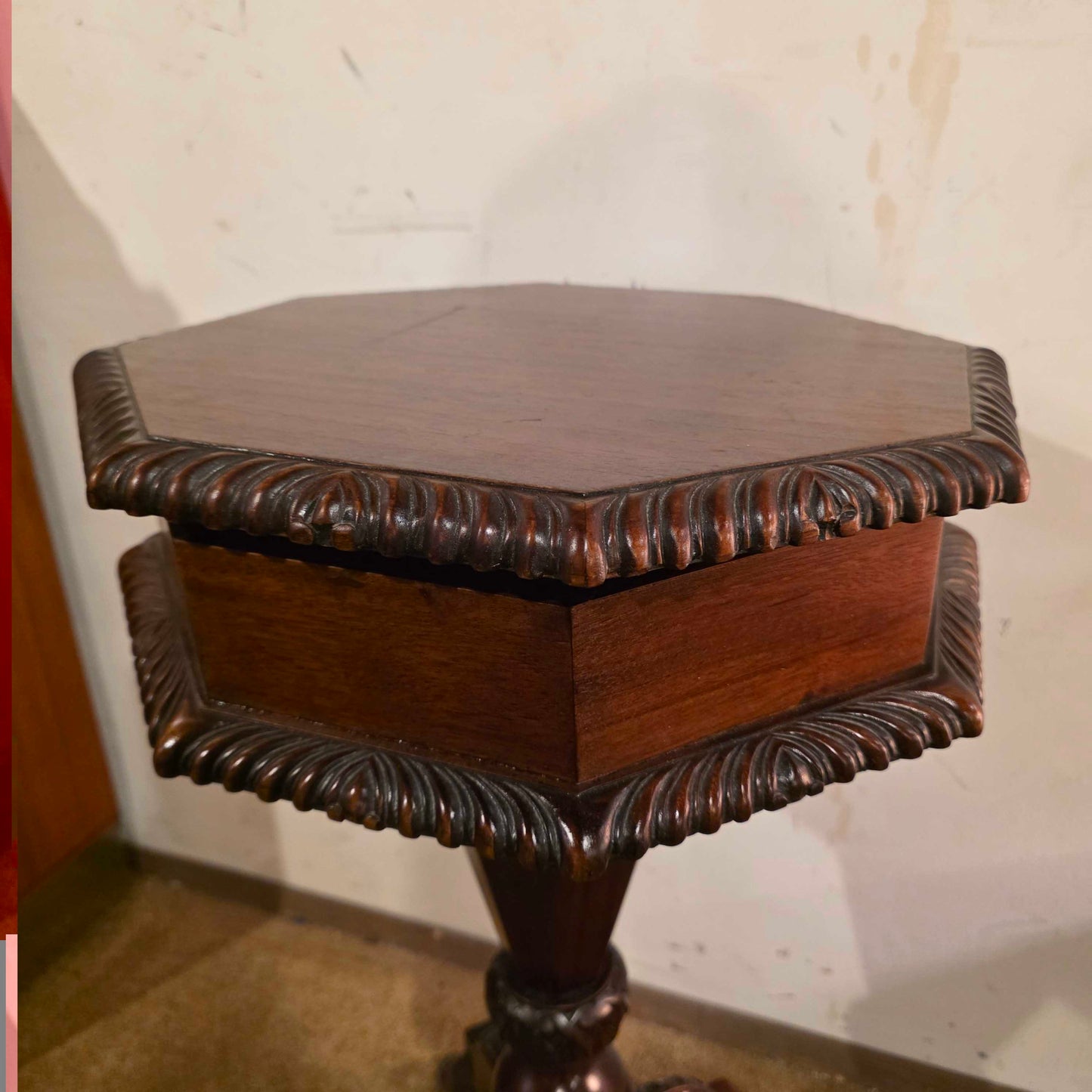 Ornate Carved Wood Octagon End Table w/ Storage