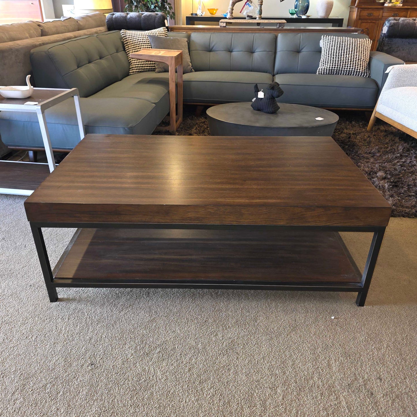 Hekman Dark Wood Finish 2 Tier Coffee Table with Black Metal Legs