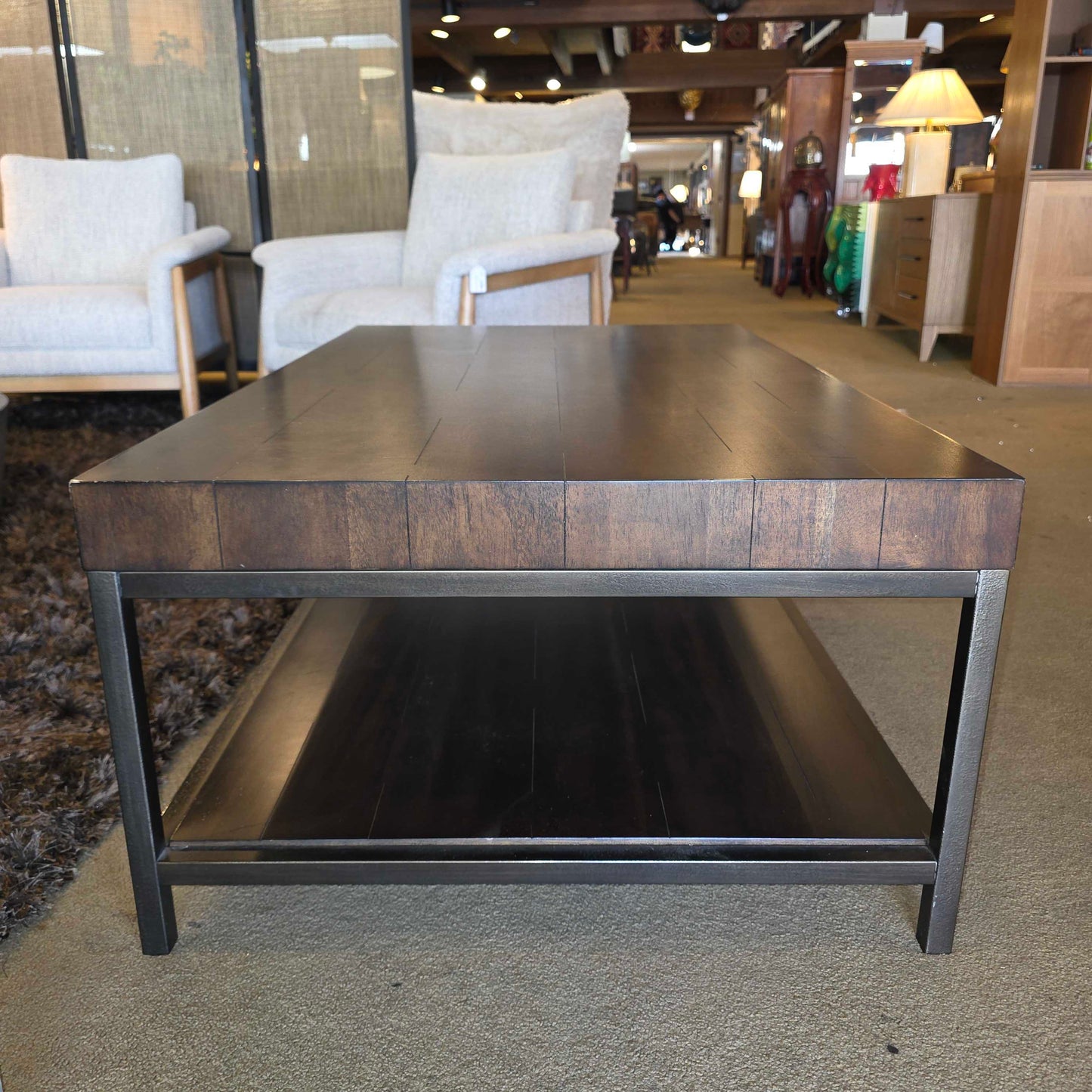 Hekman Dark Wood Finish 2 Tier Coffee Table with Black Metal Legs