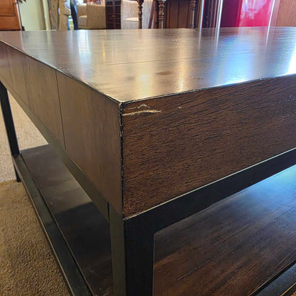 Hekman Dark Wood Finish 2 Tier Coffee Table with Black Metal Legs