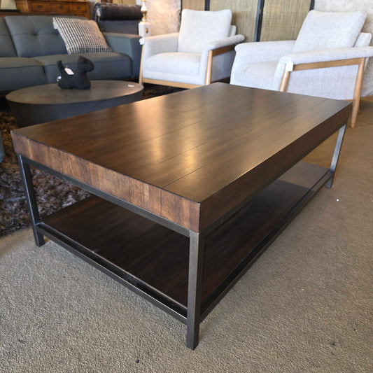 Hekman Dark Wood Finish 2 Tier Coffee Table with Black Metal Legs