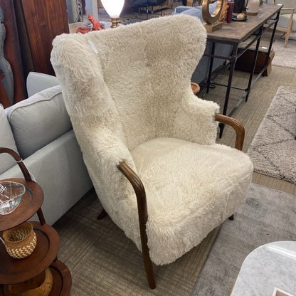 Cream Fur Dark Wood Arm Accent Chair