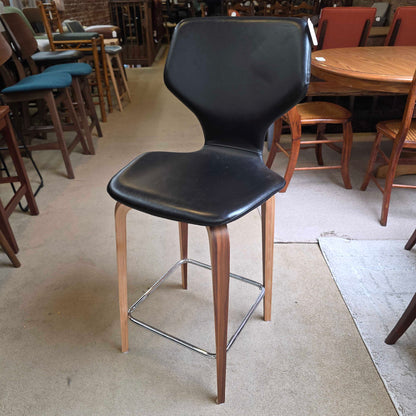 Room and Board Black Leather Seat and Back with Wooden Legs Stool