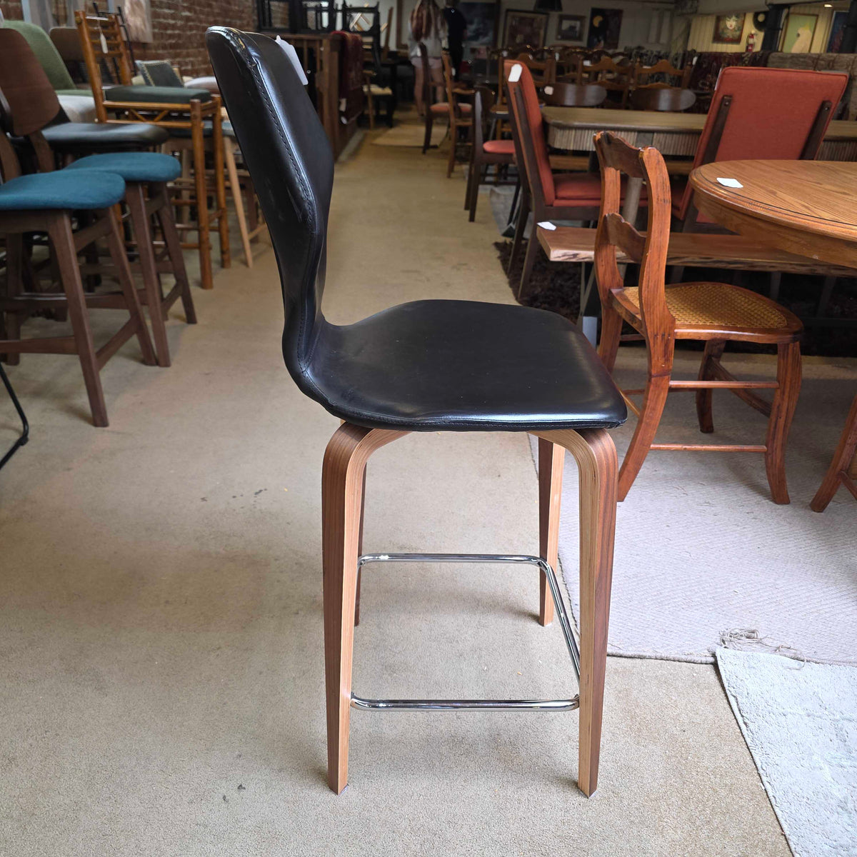 Room and Board Black Leather Seat and Back with Wooden Legs Stool