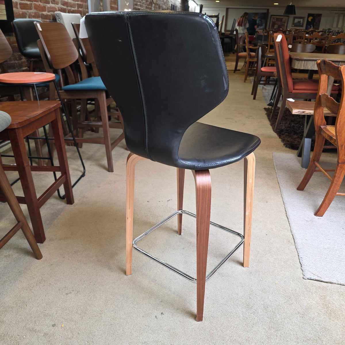 Room and Board Black Leather Seat and Back with Wooden Legs Stool