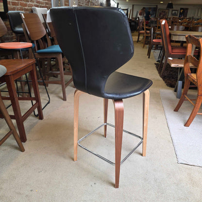 Room and Board Black Leather Seat and Back with Wooden Legs Stool