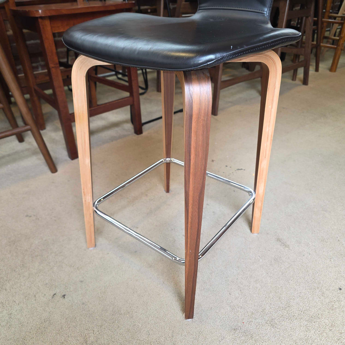Room and Board Black Leather Seat and Back with Wooden Legs Stool
