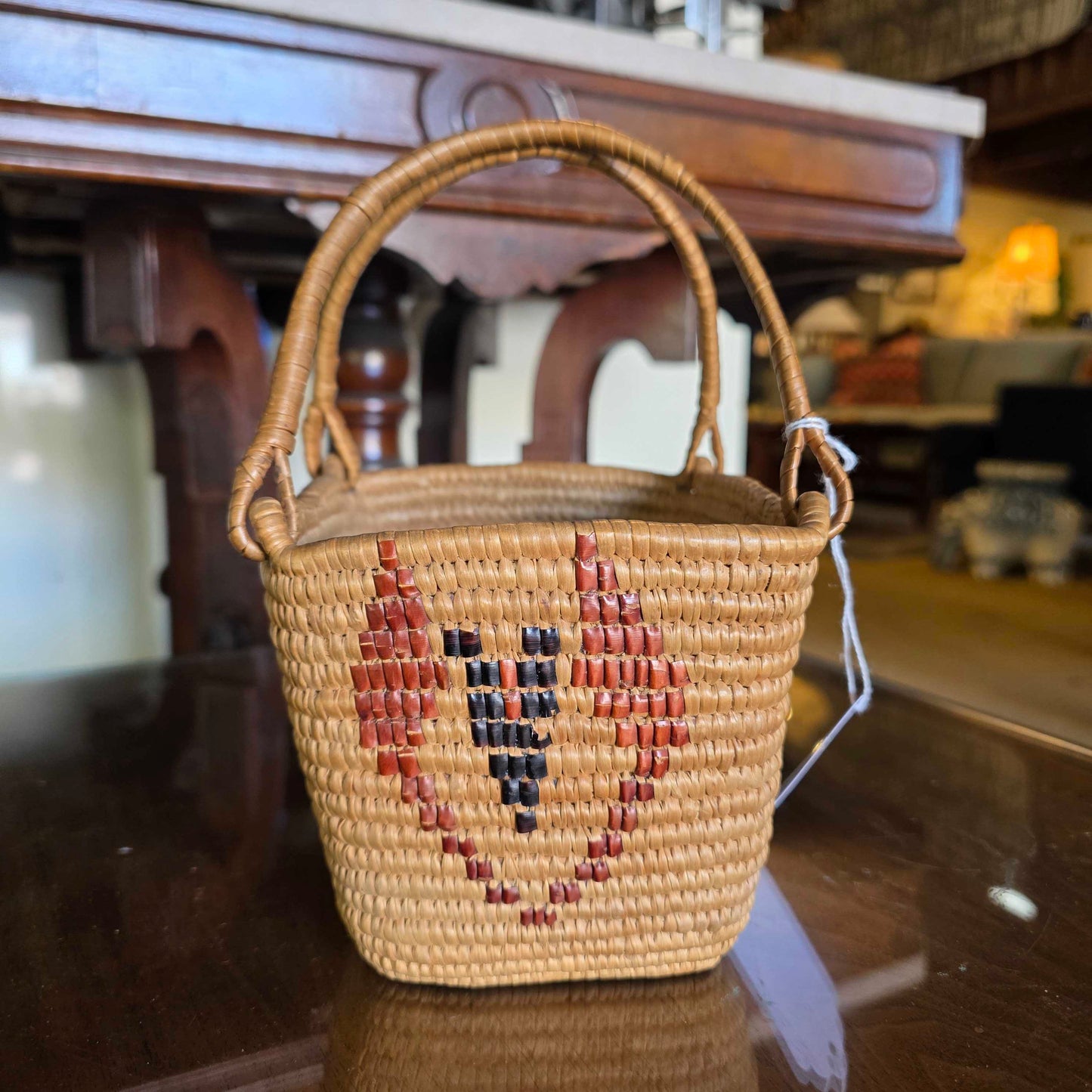 Tightly Woven Basket with Handle and Black & OrangeDesign(Coast Salish?)