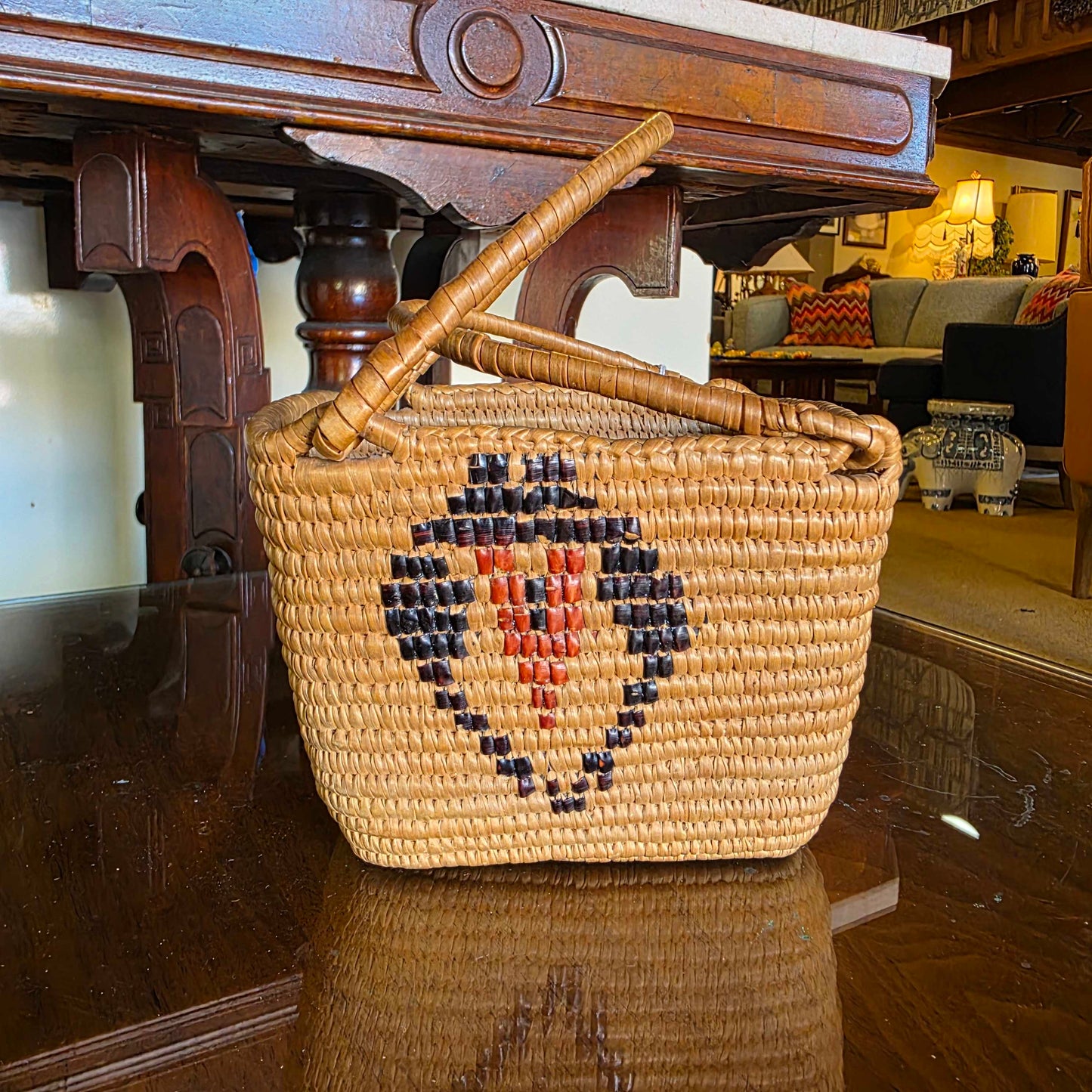 Tightly Woven Basket with Handle and Black & OrangeDesign(Coast Salish?)