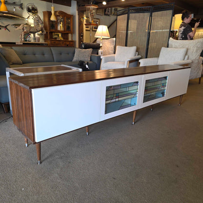 Long Low Media Cabinet with Faux Stain Glass Doors
