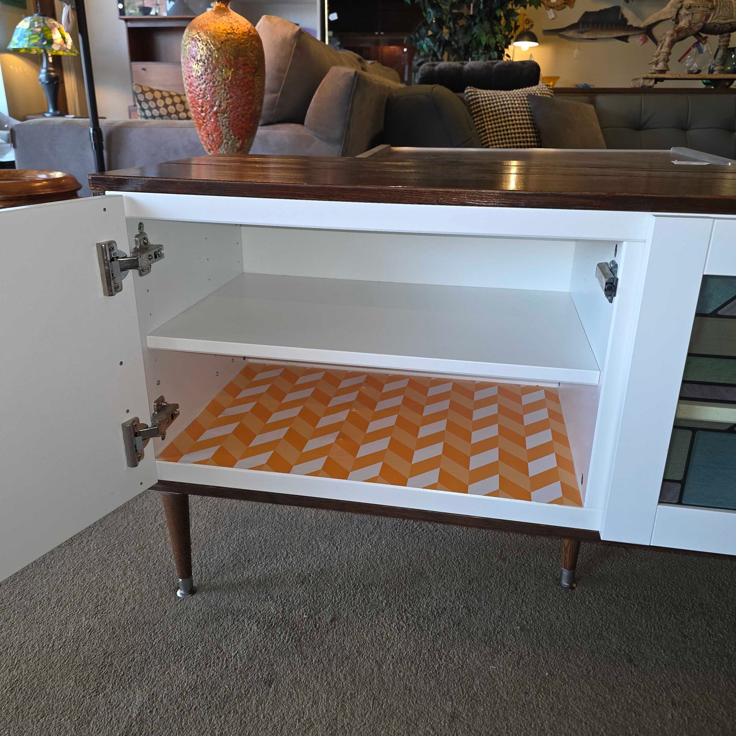 Long Low Media Cabinet with Faux Stain Glass Doors