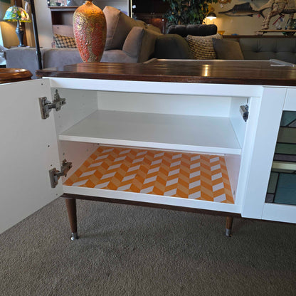 Long Low Media Cabinet with Faux Stain Glass Doors