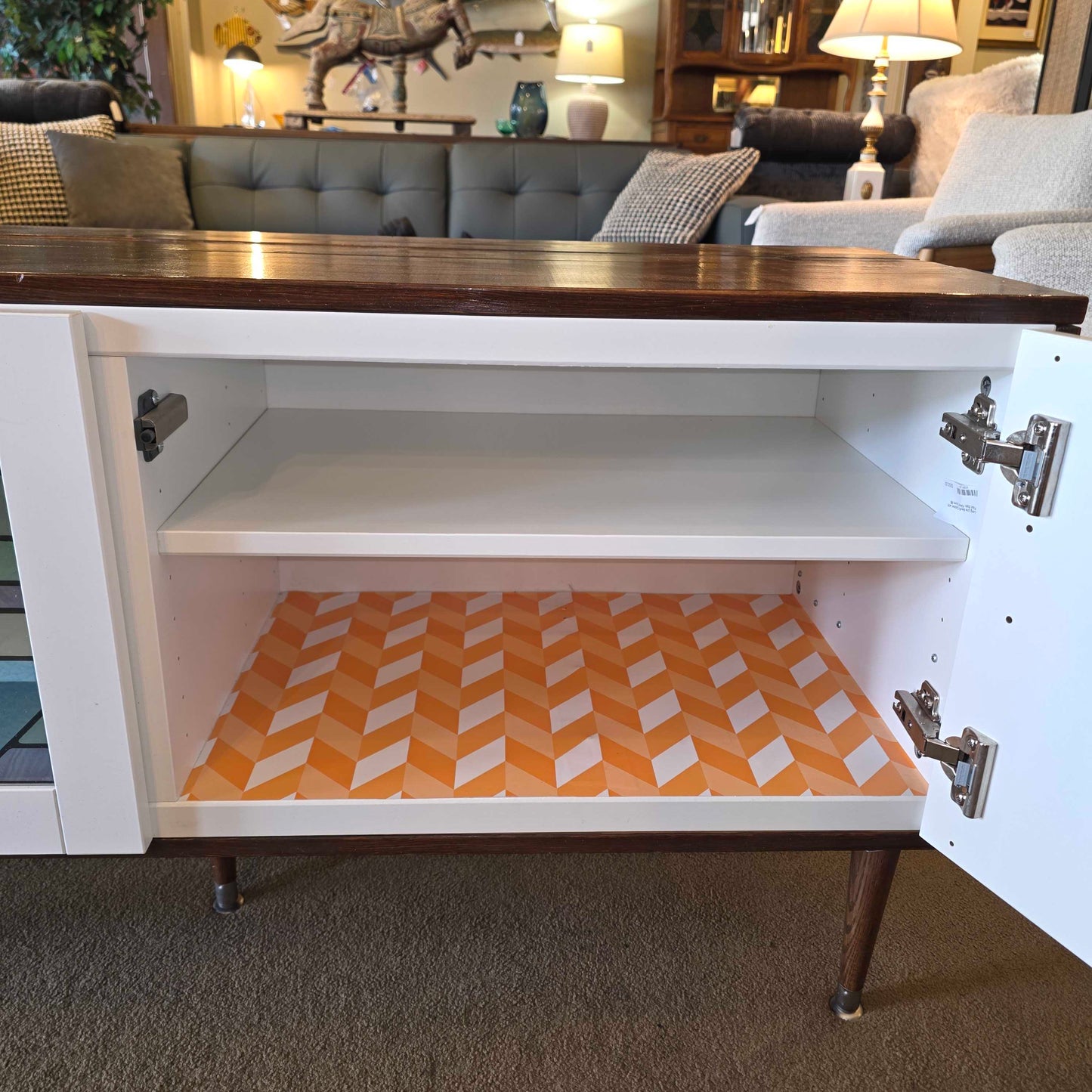 Long Low Media Cabinet with Faux Stain Glass Doors