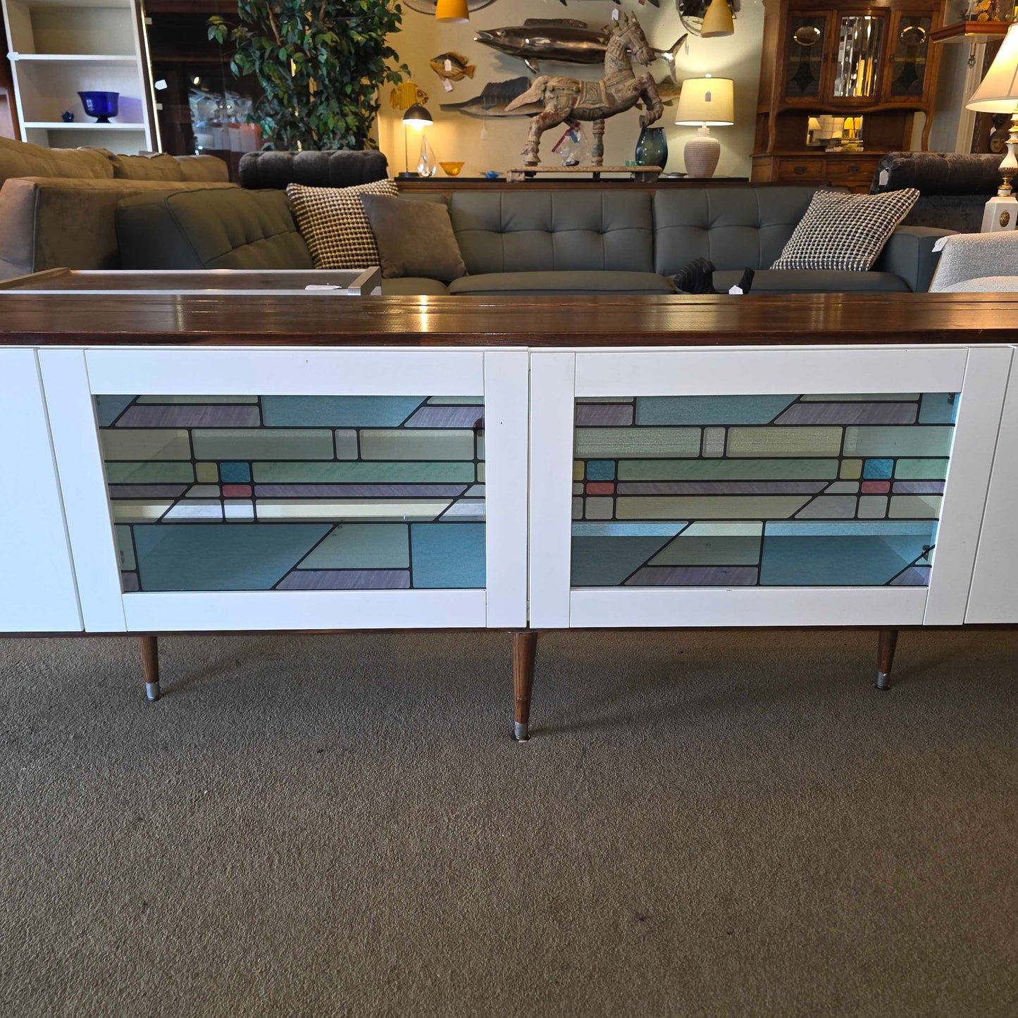 Long Low Media Cabinet with Faux Stain Glass Doors