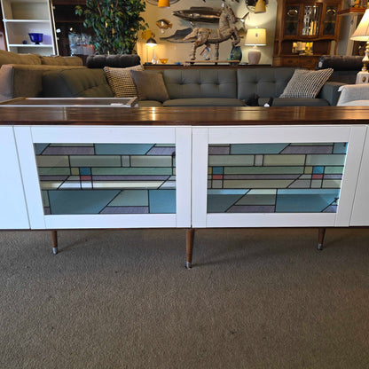 Long Low Media Cabinet with Faux Stain Glass Doors