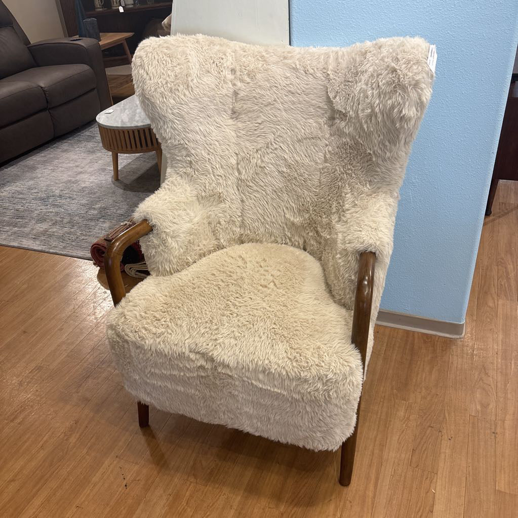 Cream Fur Dark Wood Arm Accent Chair