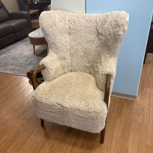 Cream Fur Dark Wood Arm Accent Chair
