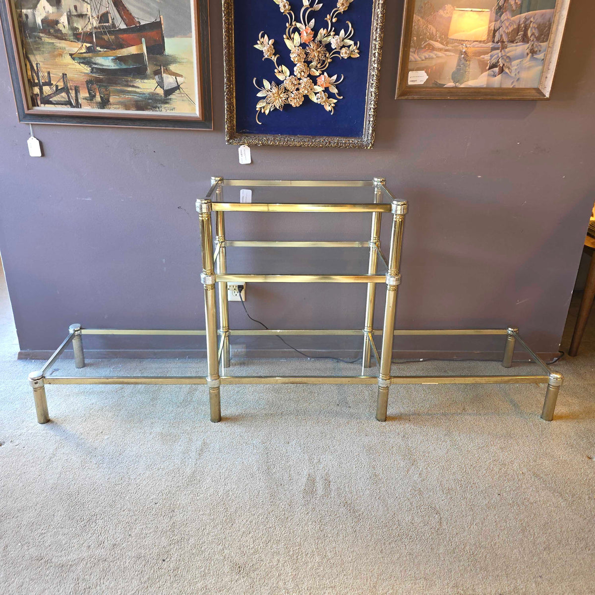 Vintage Art Deco Brass & Glass Low Etagere C BOOKSHELVES
