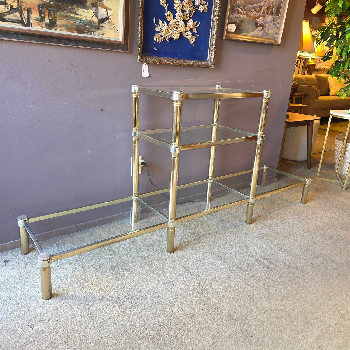 Vintage Art Deco Brass & Glass Low Etagere C BOOKSHELVES
