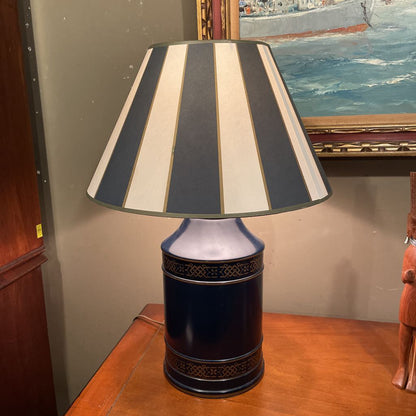 Blue Canister Table Lamp with Striped Shade