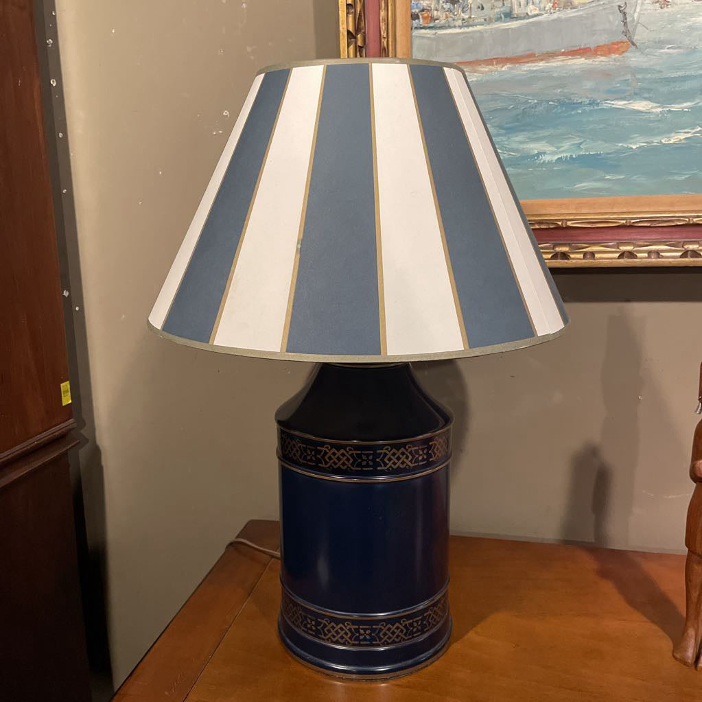 Blue Canister Table Lamp with Striped Shade