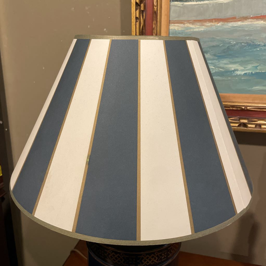 Blue Canister Table Lamp with Striped Shade
