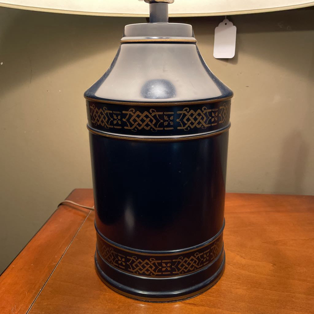 Blue Canister Table Lamp with Striped Shade