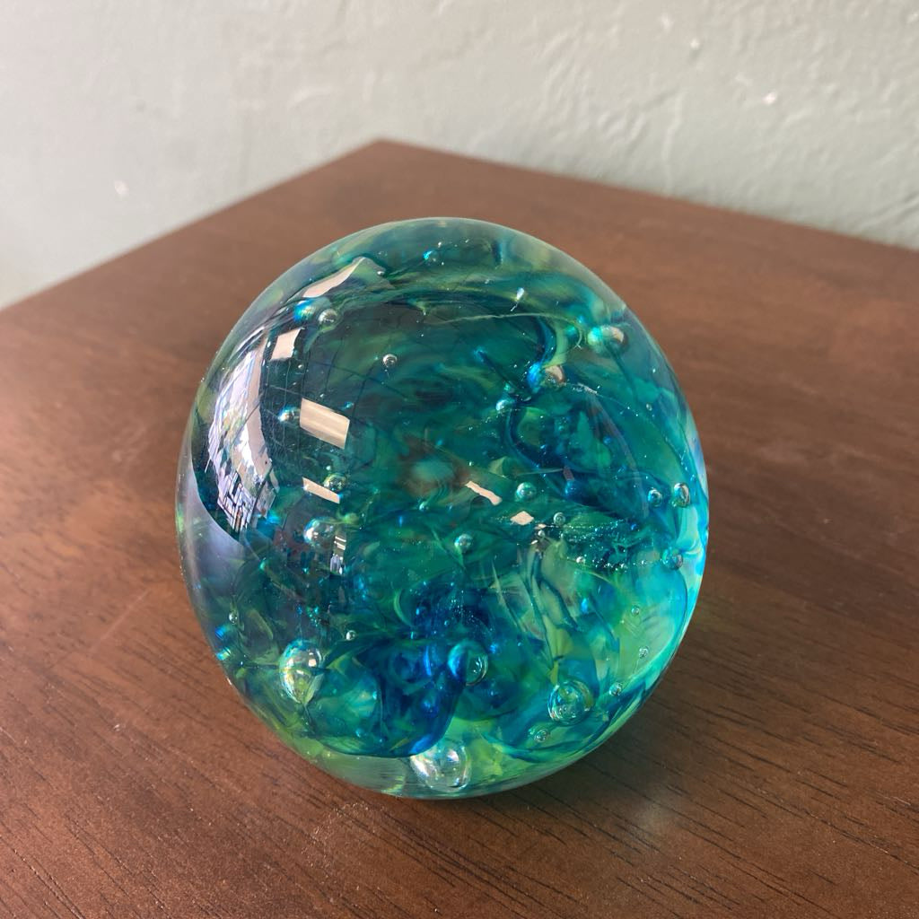 Handblown Blue & Green Swirly Glass Orb