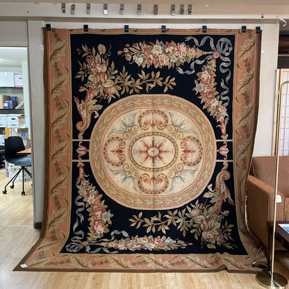 8 x 10 Needlepoint with Black Background Aubusson French Area Rug #23