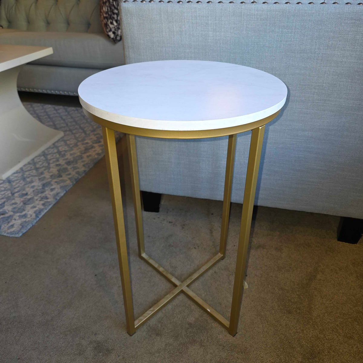 Faux Round Stone Top with Brass Colored Base Accent Table